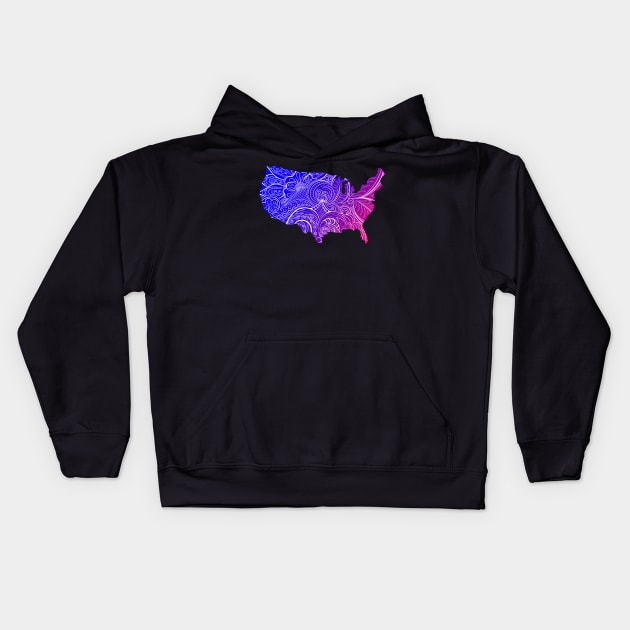 Colorful mandala art map of the United States of America in blue and violet Kids Hoodie by Happy Citizen